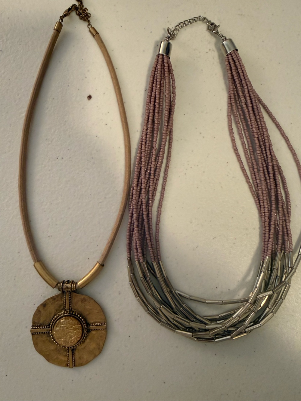 Chico’s 2 Necklace Set Costume JewelryPink Beaded Silver & Gold Statement